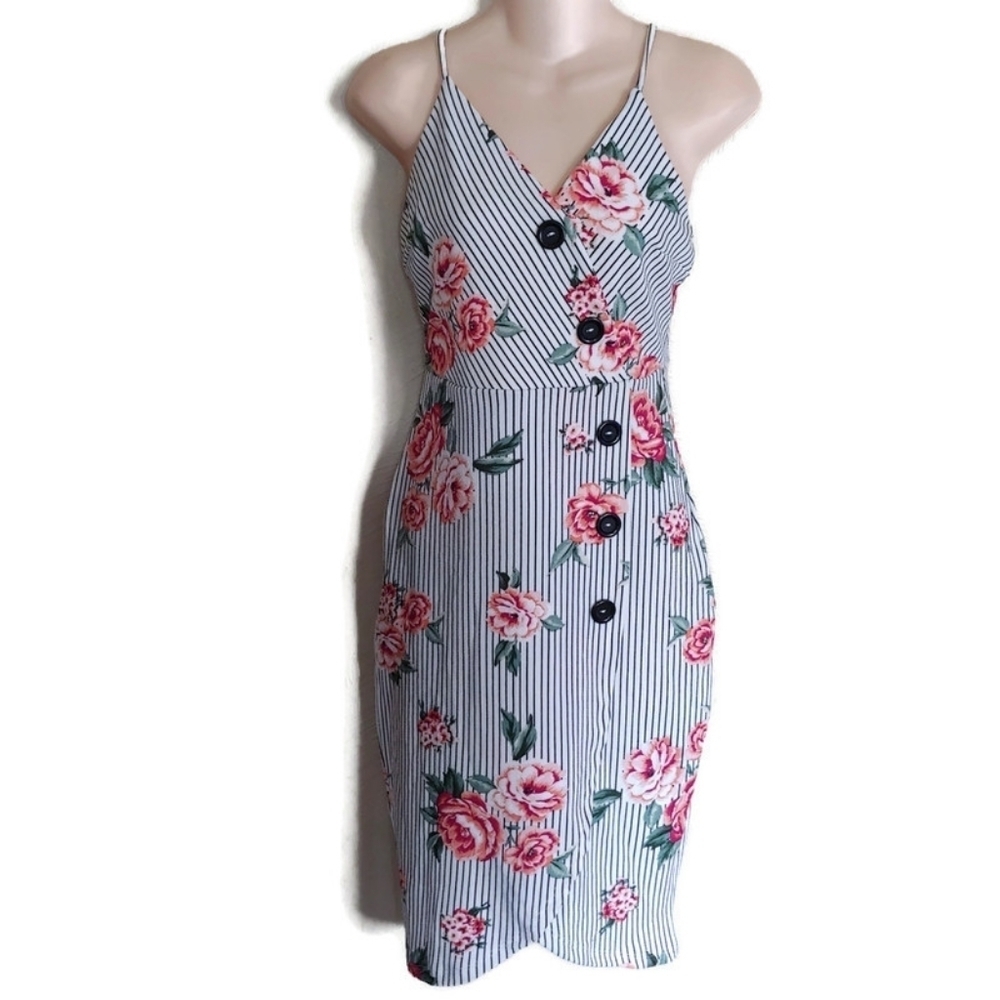 Love J Striped Floral Print Spaghetti Strap Dress Size Women's Medium NEW
